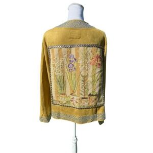 Lesal Upcycled Faux Suede Rhinestone Needlepoint Bee Jacket Mustard Yellow Large